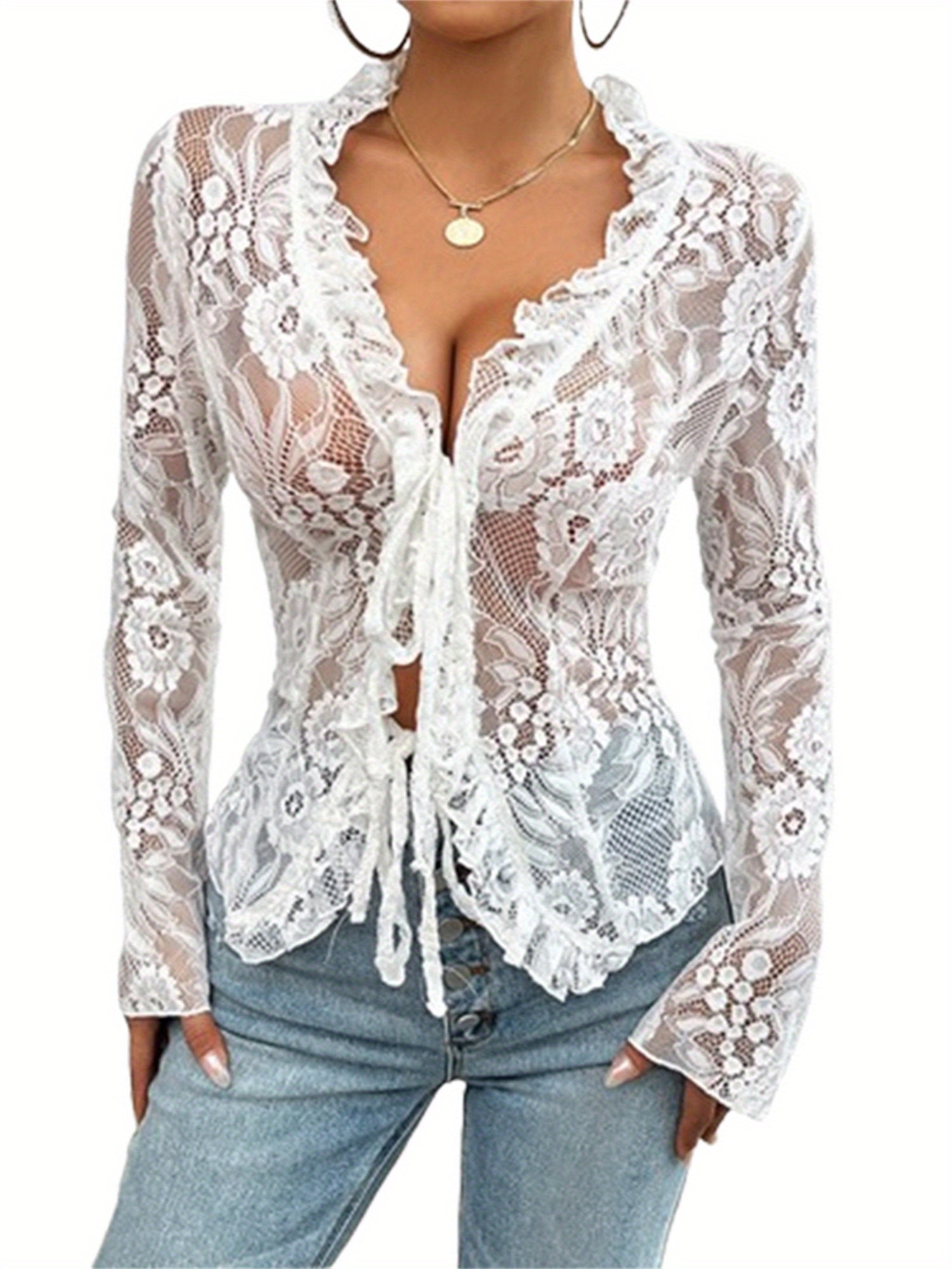 Women's Sheer Blue Lace Tie-Front Blouse - Long Sleeve V-Neck Floral Top for Casual & Clubwear, High Stretch Polyester Fabric, Elegant Ruffled Detailing, Casual Clubwear | Floral Lace Design | Intricate Lace Texture